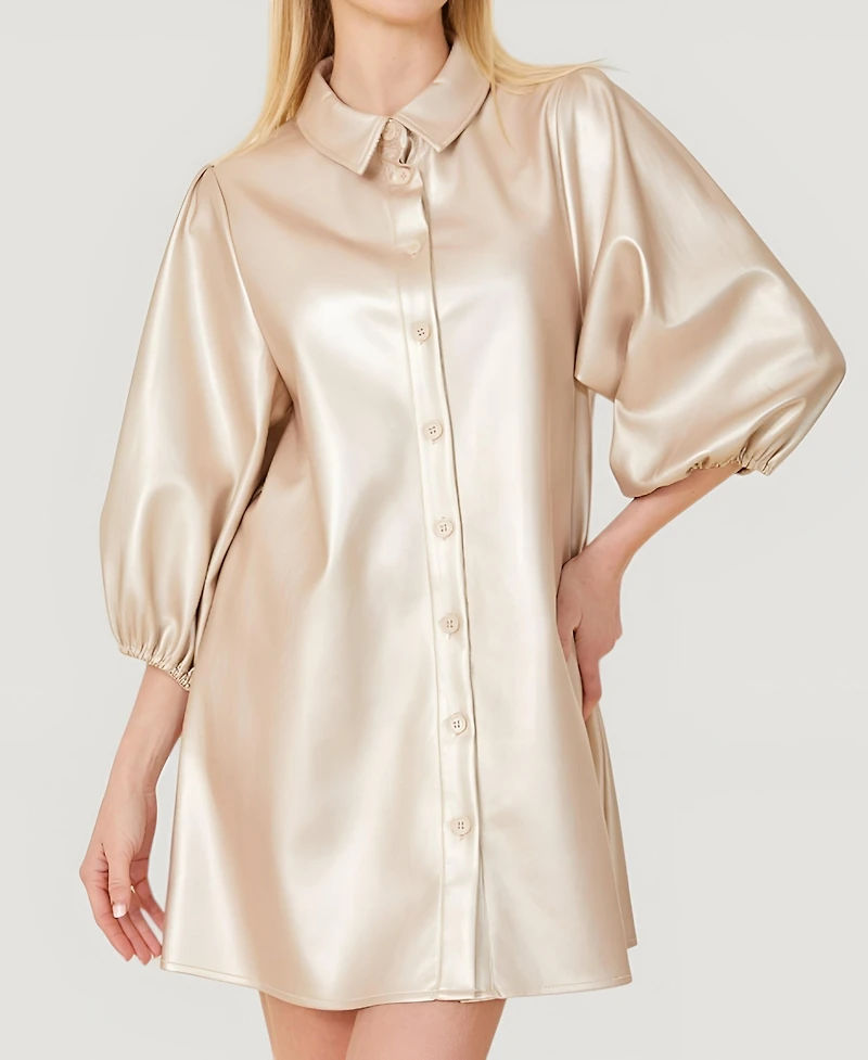 Modenaire Women's Satin Button-Front Collared Puff-Sleeve Shirt Dress