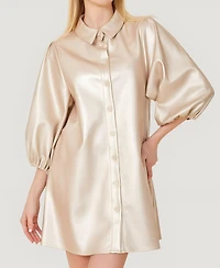 Modenaire Women's Satin Button-Front Collared Puff-Sleeve Shirt Dress