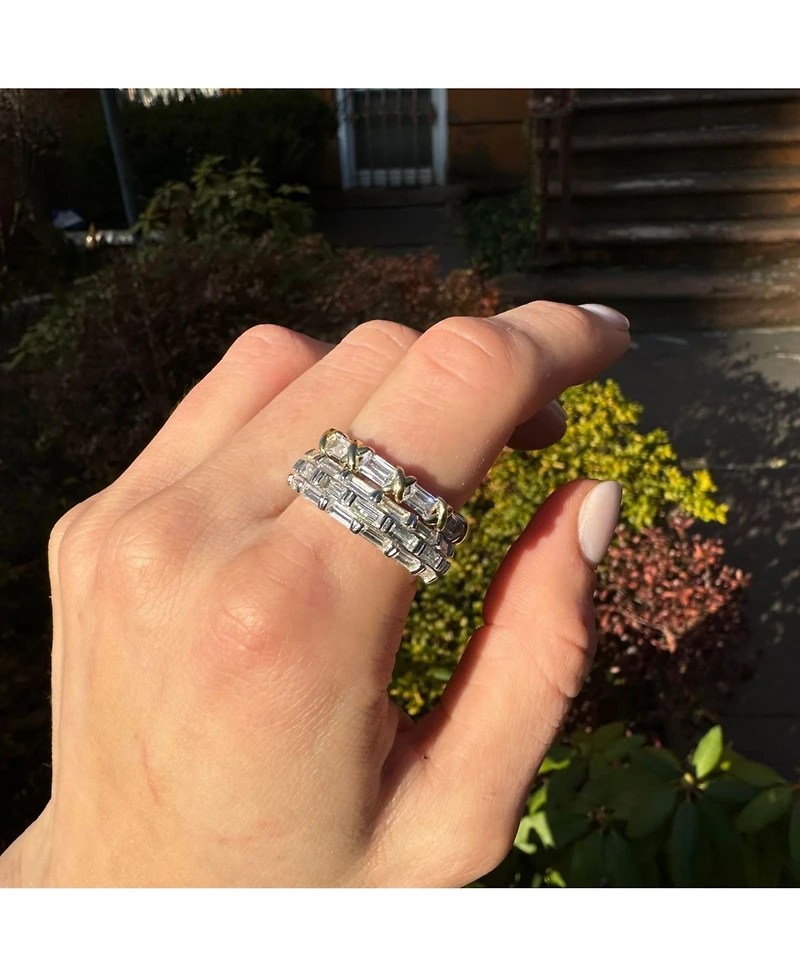 Suzy Levian Sterling Silver Baguette Cubic Zirconia Yellow Gold X Eternity Band