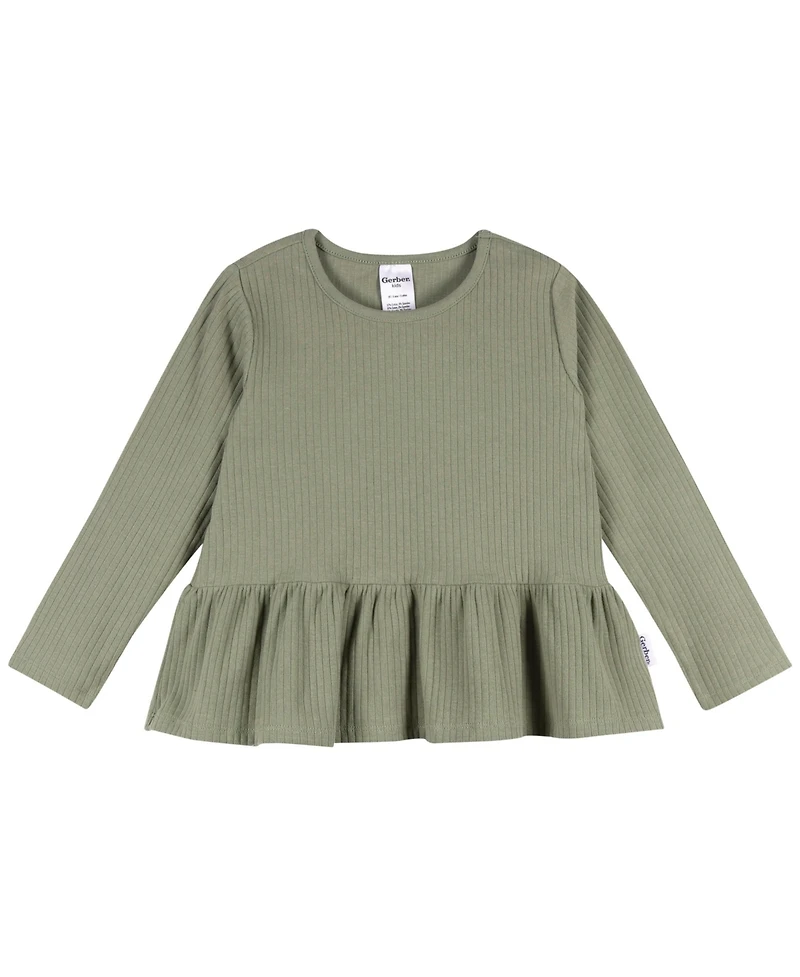 Gerber Toddler Girls 3-Pack Long Sleeve Shirts, Green/Pink/Coral, 4T