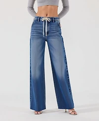 Modenaire Women's High-Waist Light Wash Wide-Leg Cuffed Jeans