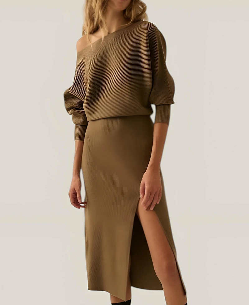 Modenaire Women's Rib Knit One Shoulder Dolman Midi Sweater Dress
