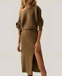 Modenaire Women's Rib Knit One Shoulder Dolman Midi Sweater Dress