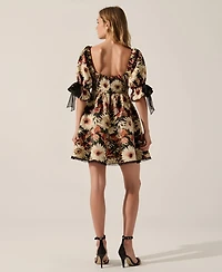 Modenaire Women's Jacquard Floral Puff-Sleeve Chiffon-Trim Mini Dress