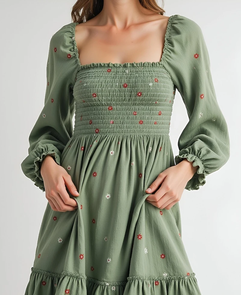 Modenaire Women's Floral-Embroidered Smocked Tiered Maxi Dress