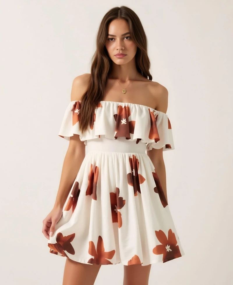 Modenaire Women's Floral Off-Shoulder Ruffled Bodice Mini Dress