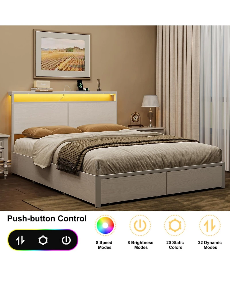 Hausource Modern Full Size Bed Frame with 4 Storage Drawers & Led Headboard & Charging Station