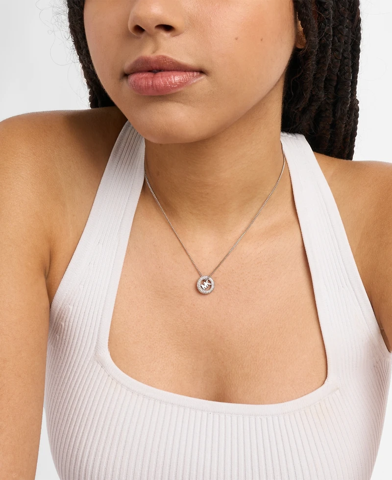 Michael Kors Silver Tone Pave Logo Pendant Necklace