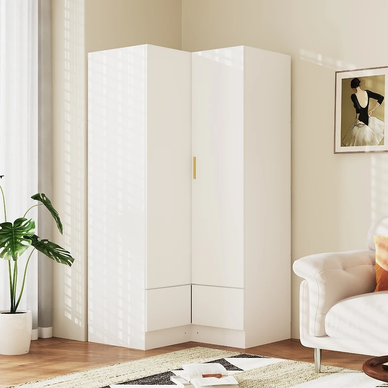 Bedroom Corner Armoire, Wardrobe with 2-Drawers and 2-Hold Bar
