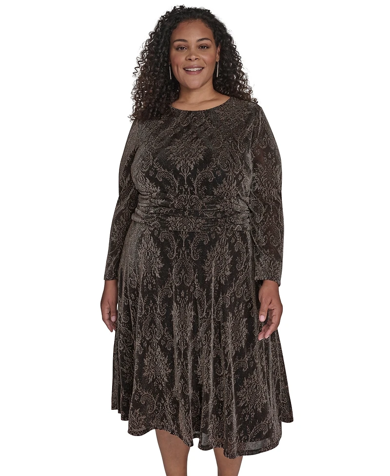Jessica Howard Plus Size Ruched Waist Jewel Neck Midi Dress