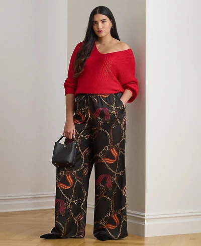 Lauren Ralph Plus Belting-Print Charmeuse Wide-Leg Pant