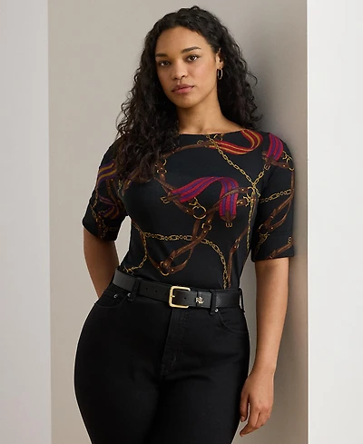 Lauren Ralph Plus Print Stretch Boat Neck T-Shirt