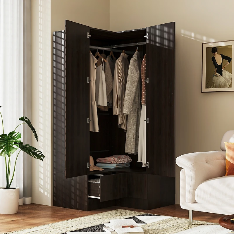 Bedroom Corner Armoire, Wardrobe with 2-Drawers and 2-Hold Bar