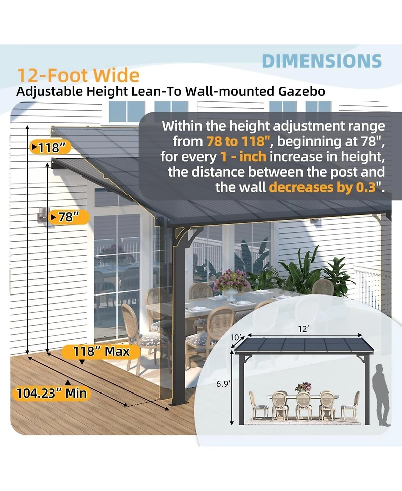 Aecojoy 12'x10' Adjustable Height Wall Mounted Outdoor Gazebos Pergola