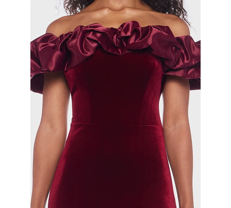 B Darlin Juniors' Velvet Ruffled Off-The-Shoulder Gown