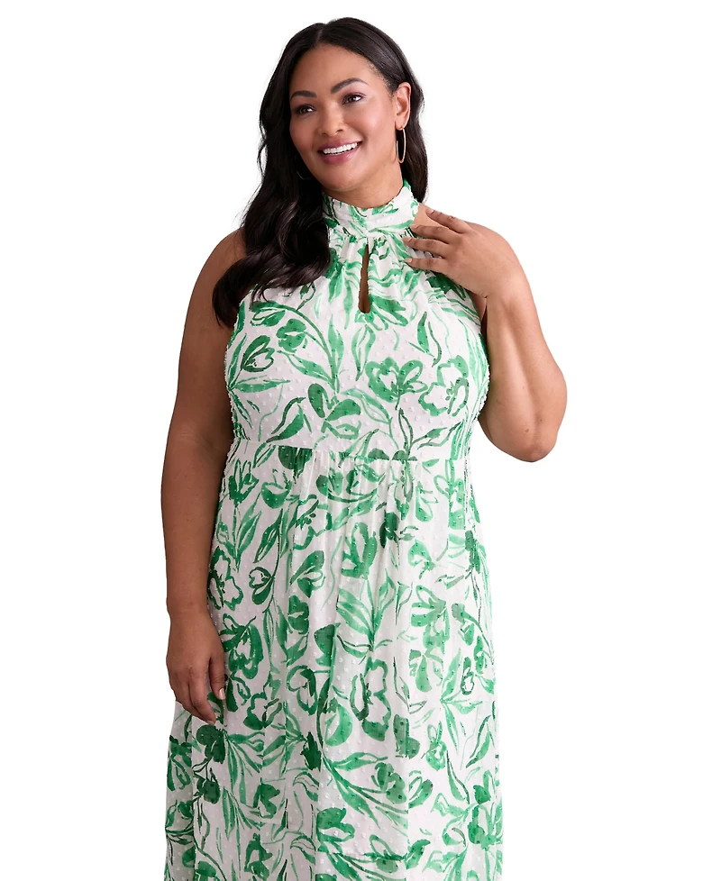London Times Plus Floral-Print Halter Maxi Dress