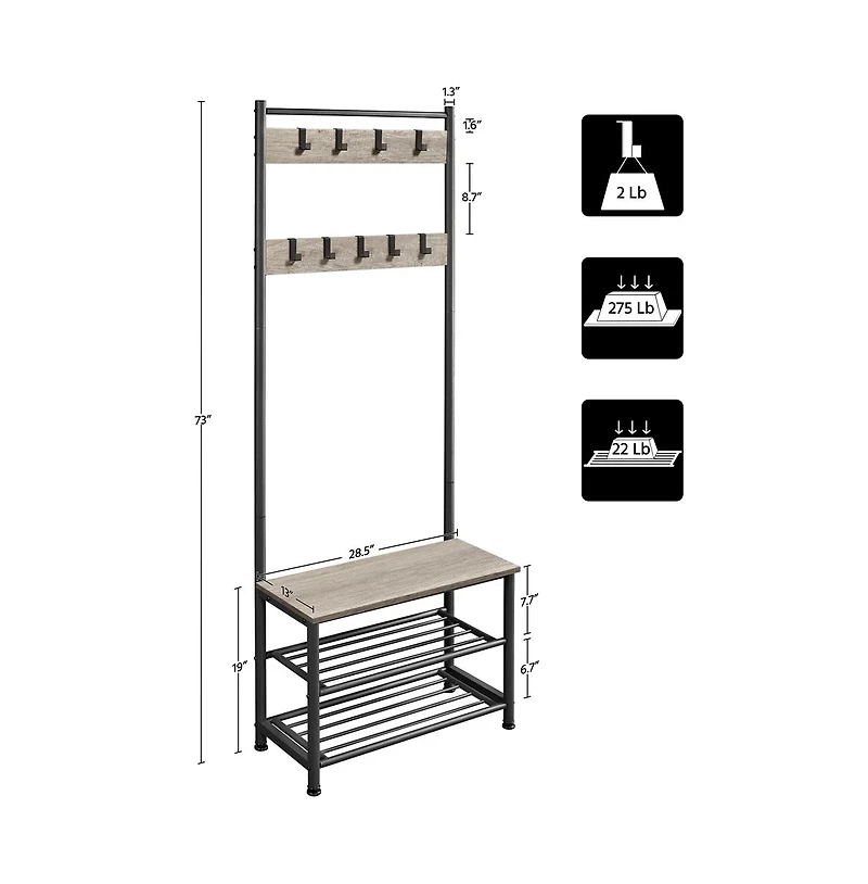 73” H Metal Hall Tree with Shoe Storage Bench Entryway Coat Rack