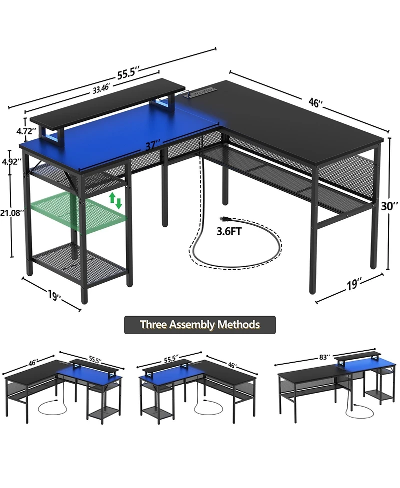 55.5'' Reversible L-shaped Desk with Power Outlets and Rgb Led Lights, Computer Table with Cpu Stand and Monitor Stand
