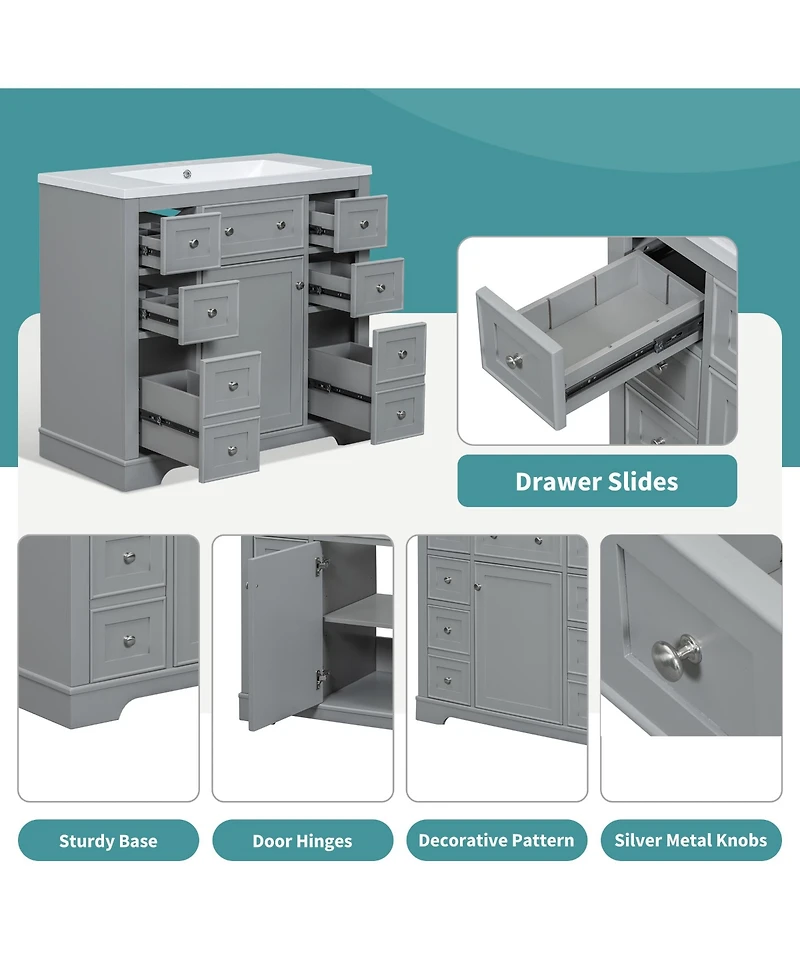 Casainc 36" Bathroom Vanity with Sink Combo, One Cabinet and Six Drawers, Solid Wood Mdf Board