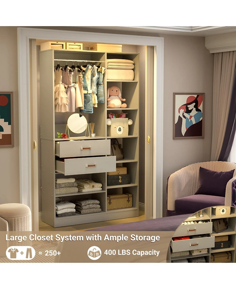 Aheaplus 8FT Walk Closet Organizer with 3 Shelving Towers, Heavy Duty Clothes Rack Drawers