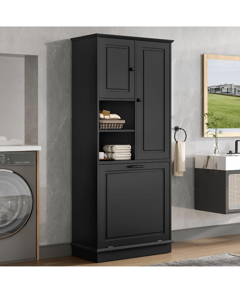 Casainc Tall Storage Cabinet with Adjustable Shelves, Flip-Out Basket and Enclosed Cabinets