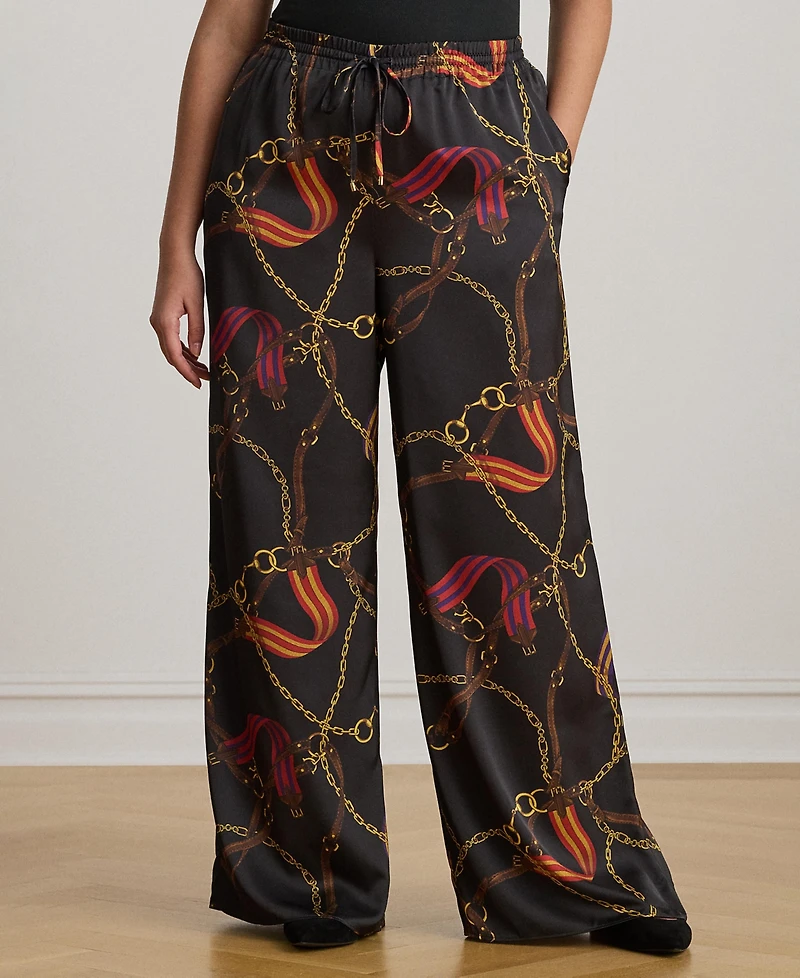Lauren Ralph Plus Belting-Print Charmeuse Wide-Leg Pant