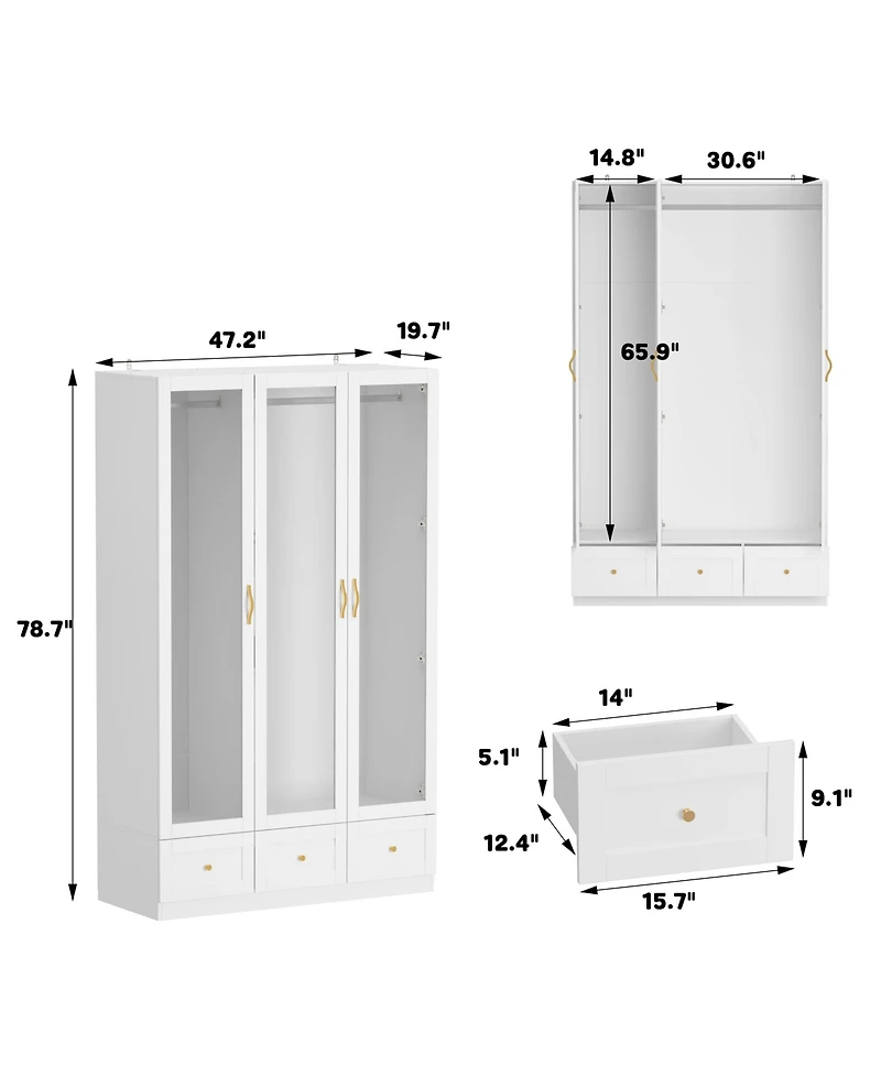 Tempered Glass Doors Armoires Wardrobe with Hanging Rods, 3-Drawers, Gold handles,Bedroom Closet