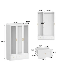 Tempered Glass Doors Armoires Wardrobe with Hanging Rods, 3-Drawers, Gold handles,Bedroom Closet