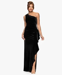 Xscape Womens Velvet One Shoulder Long Ruffle Dress 4p 16