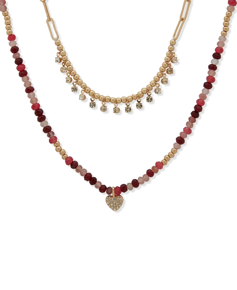 lonna & lilly Gold-Tone Burgundy Two Row Beaded Heart Necklace