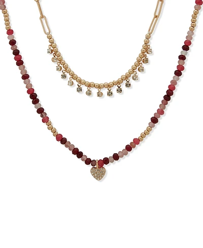 lonna & lilly Gold-Tone Burgundy Two Row Beaded Heart Necklace