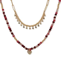 lonna & lilly Gold-Tone Burgundy Two Row Beaded Heart Necklace