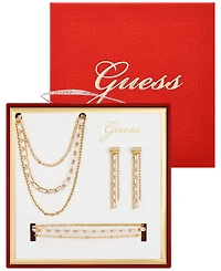 Guess 3-Pc. Cubic Zirconia Gold-Tone Multi-Chain Necklace, Drop Earrings, and Bracelet Set