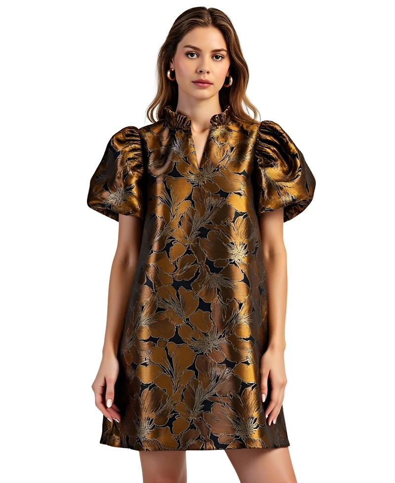 Modenaire Women's Metallic Floral Puff-Sleeve Ruffled-Collar A-Line Mini Dress