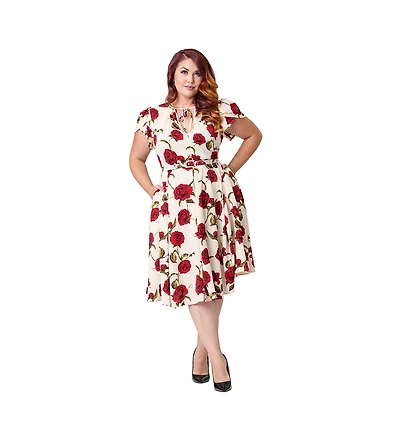 Unique Vintage Plus Short Petal Sleeve Tie Neck Dahlia Swing Dress