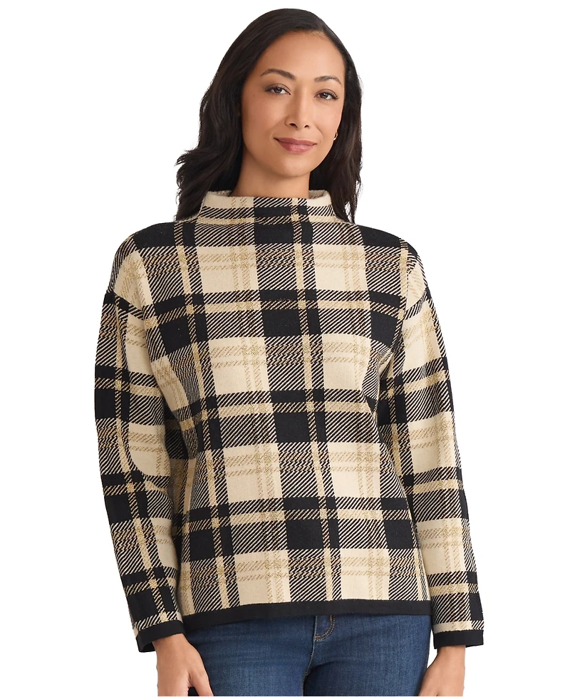 Jones New York Women's Plaid Mock Neck Sweater