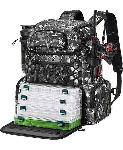Fishing Tackle Backpack with Rod Holders & 4 Tackle Boxes, Outdoor Fishing Bag with Waterproof Rain Cover