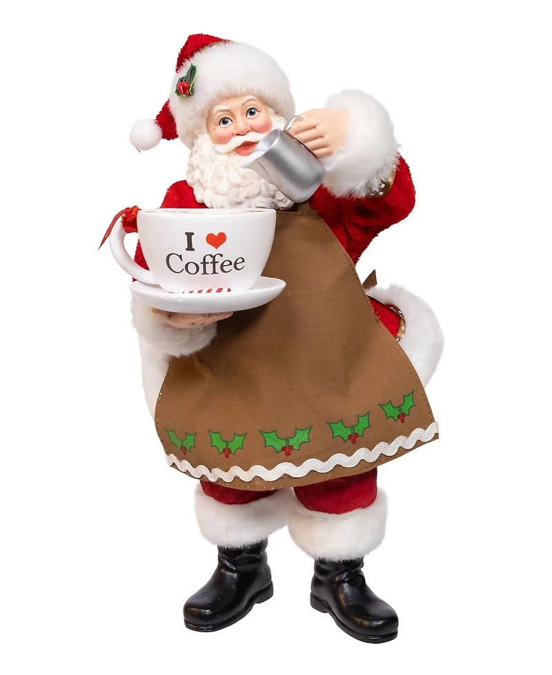 Kurt Adler 10.5-Inch Fabriche Santa with Oversized "I Love Coffee" Cup and Creamer