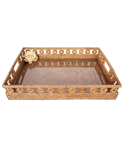 Artifacts Rattan Inna Design Rectangular Tray with Cutout Handles & Glass Insert