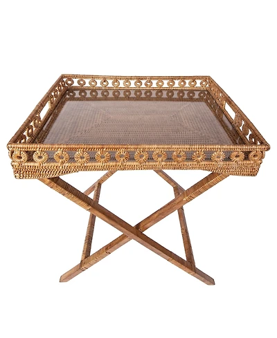 Artifacts Rattan Inna Design Butler Tray with Wooden Legs & Glass Insert