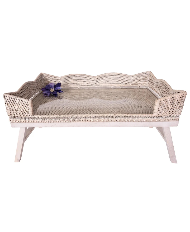 Artifacts Trading Company Artifacts Rattan Scallop Design Breakfast Tray with Wooden Legs & Glass Insert