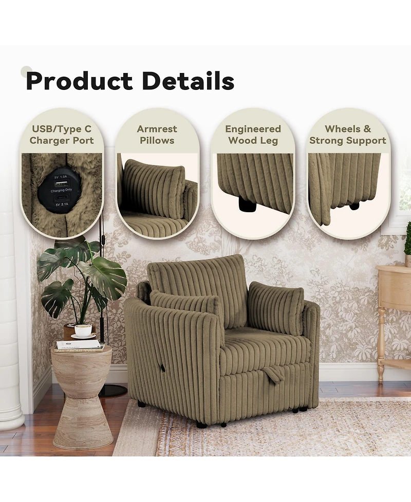 Boyel Living Convertible Sofa Bed Chair Pullout Single Sleeper with Usb and Pillows for Room