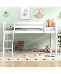 Twin Wood Low Loft Bed with Ladder, ladder can be placed on the left or right