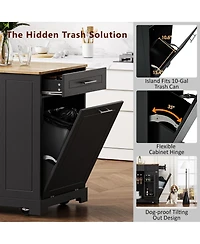 Casainc Fluted Kitchen Island with Trash Can Cabinet, Power Outlet, 3 Drawers, Open Racks, Fits 10 Gallon Bin, Wheels