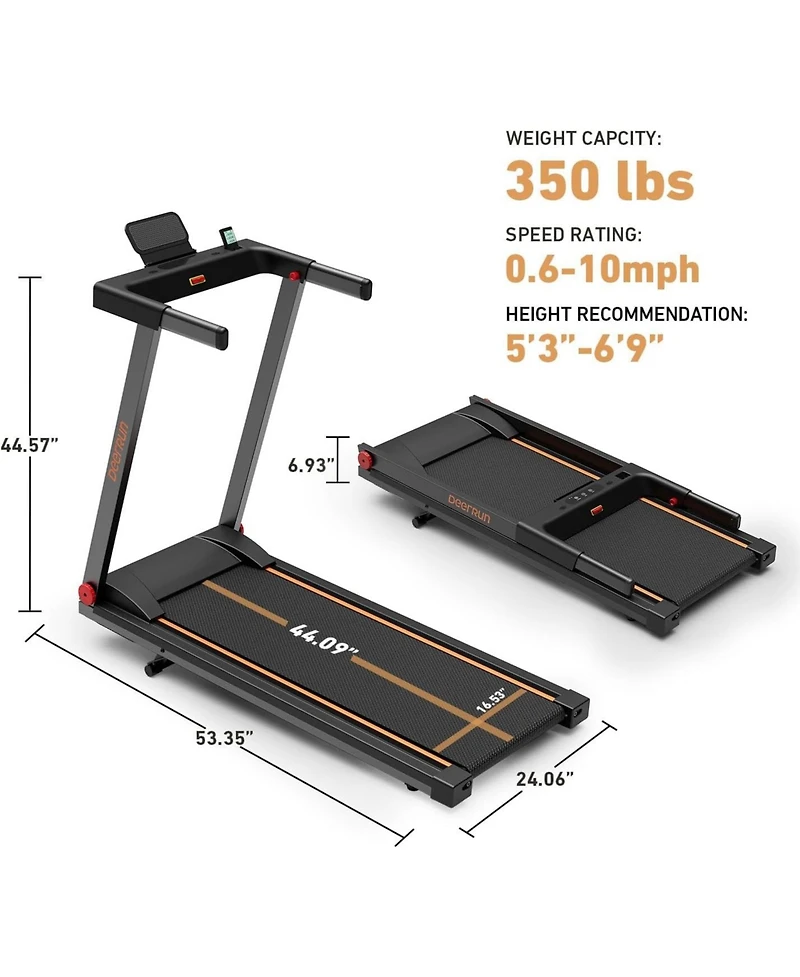 DeerRun Folding Treadmill，Powerful 3.5 Hp motor supports up to 350 lbs. With 5% incline, app control, and compact foldable design for effective