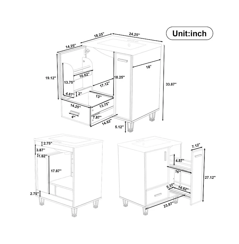 Chic Crate-24" Modern Bathroom Vanity Sink & Deep Drawer | 2-Tier Pull-Out Basket Solid Wood Frame White