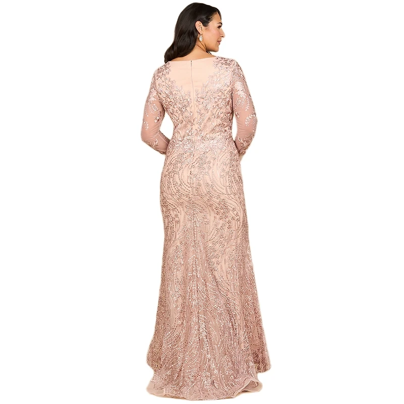 Lara Women's Long Sleeve Gown with Overskirt & Illusion Neckline