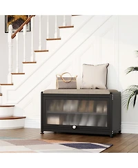 Shoe Storage Bench with Cushion Seat, Modern Organizer Cabinet Flip-Down Door, Sturdy Metal Frame & Comfortable Seating for Entryway