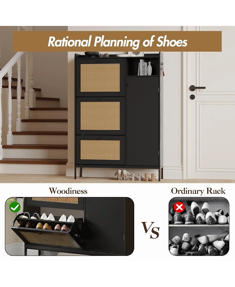Shoe Cabinet with 3 Flip Drawers, Rattan Freestanding Organizer Adjustable Shelves,for Entryway Hallway, Easy Assembly