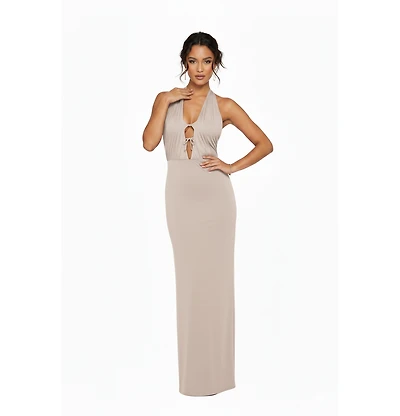 Jendue Women's Siena Denim Maxi Dress - Elegant Halter Neck Cut-Out